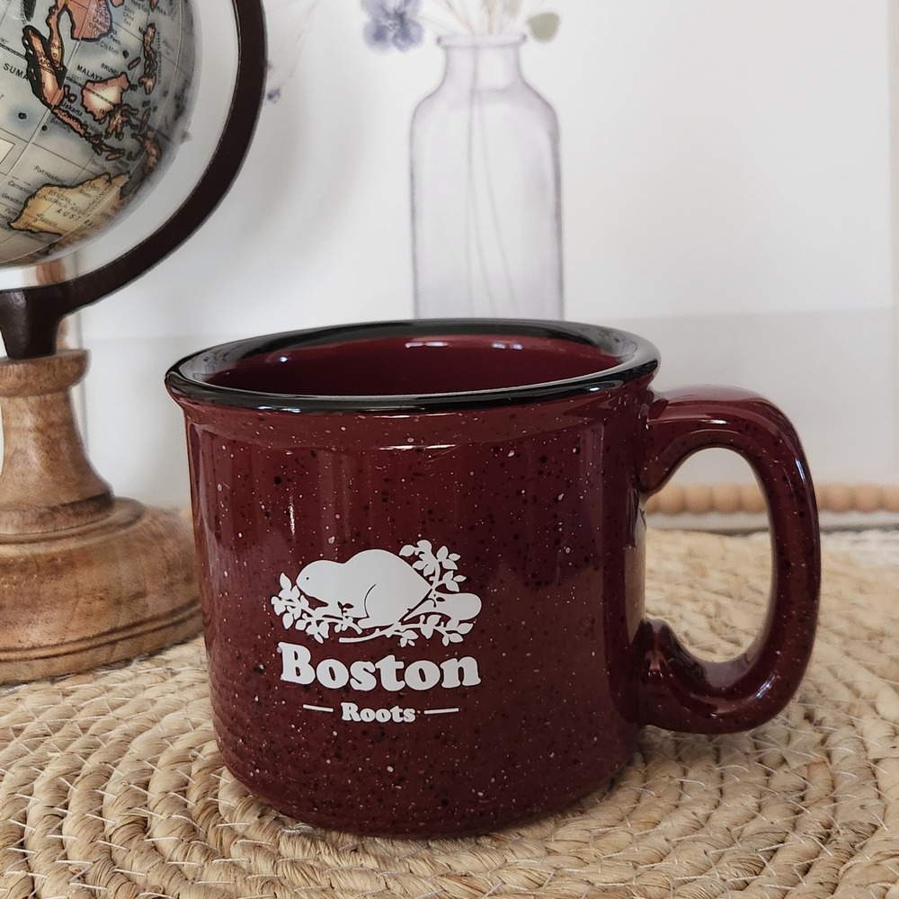 Roots Boston Coffee Mug Burgundy Speckled Campfire Style‎ Ceramic Beaver Logo